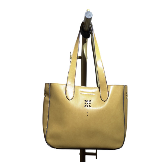 Emilie M VTG Leather Tote Mustard Yellow Western Cut-Out Sz M Western Structured - Picture 4 of 11